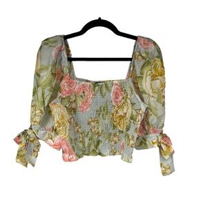 EXPRESS Blouse Womens M Floral Cropped Smocked Puffed Sleeves Cottagecore Boho